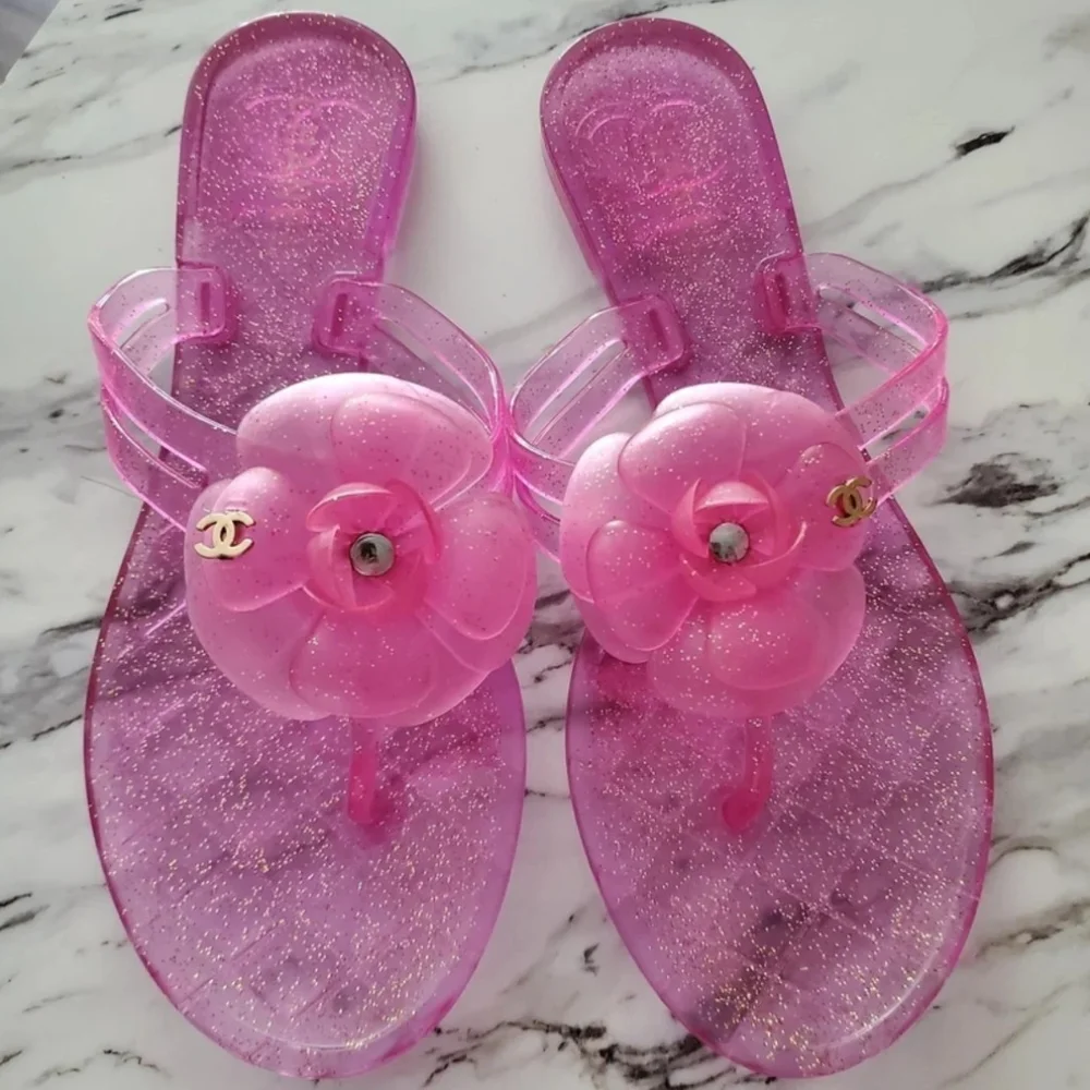 Pink Glitter Jelly Sandals with Flower Accent - Picture 1 of 6